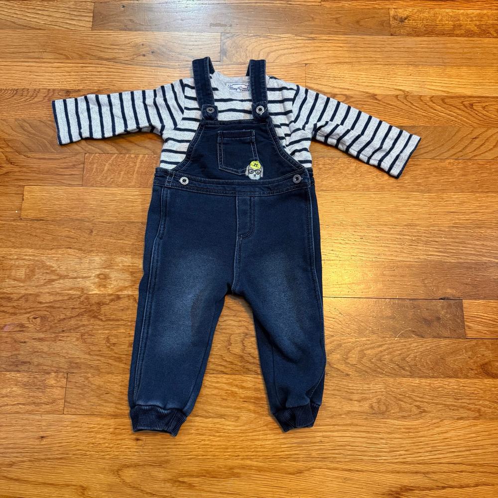 Mayoral Newborn Baby 6-9 Month Boys Striped Shirt Blue Overalls Dog Matching Set